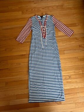 J.Crew Blue and White Striped Maxi Dress with Red Stripe Sleeves